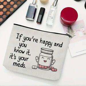 NWT Medicine Bottle Linen Pouch Happy You Know It Multi